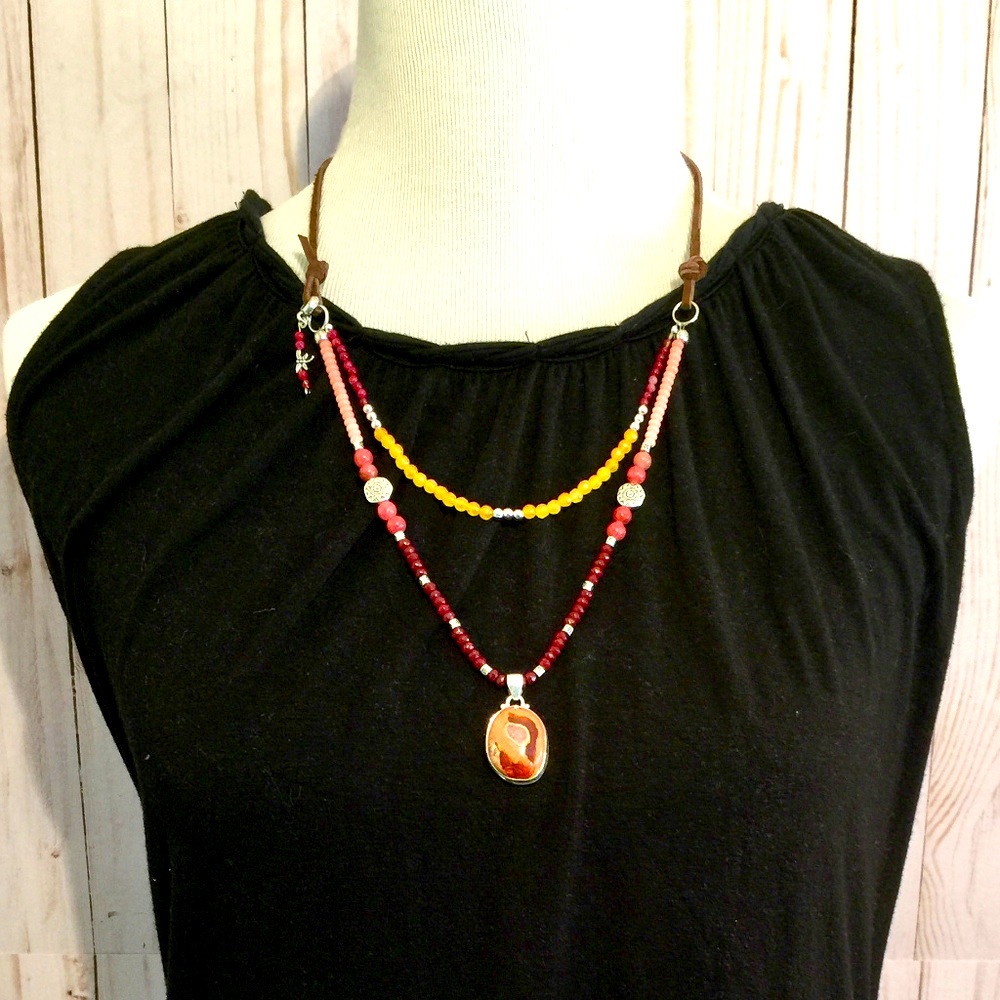 Shades of Pink Gemstone Beaded Leather Necklace - Picture 4 of 8